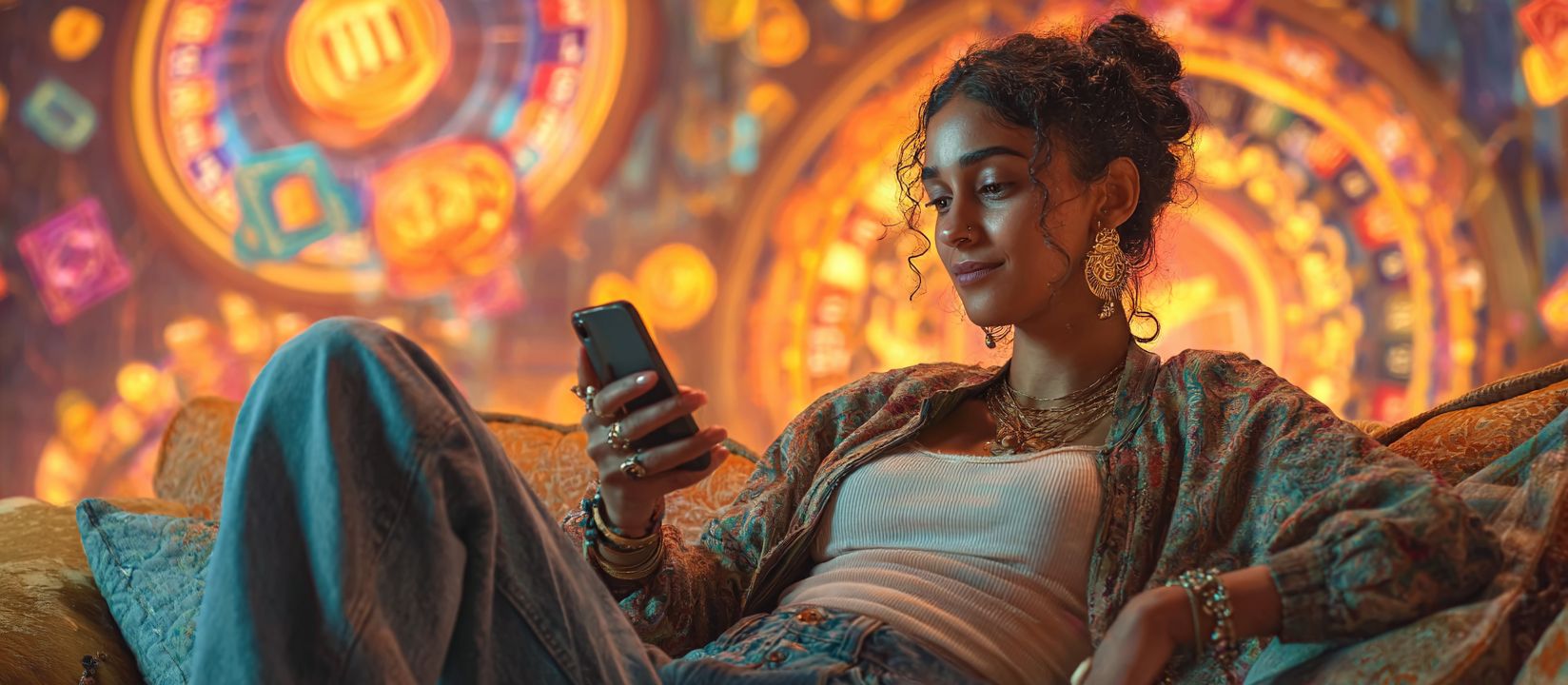 A young woman sits on a sofa, against a background of bright casino lights and abstract patterns and looks at a smartphone with the OKLV app.