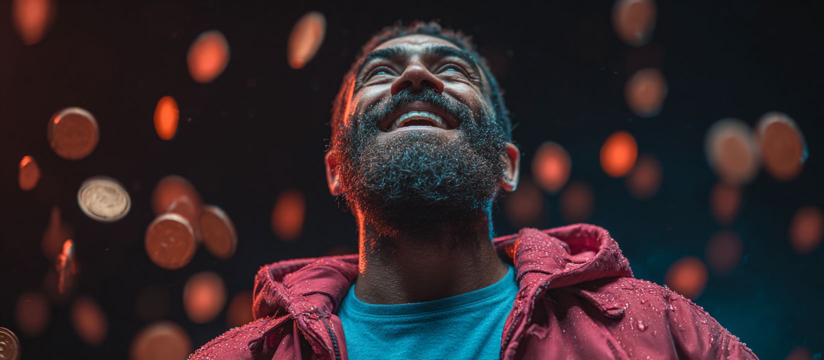 A happy man with a beard and wearing a red jacket looks up, happy to have won the Aviator.