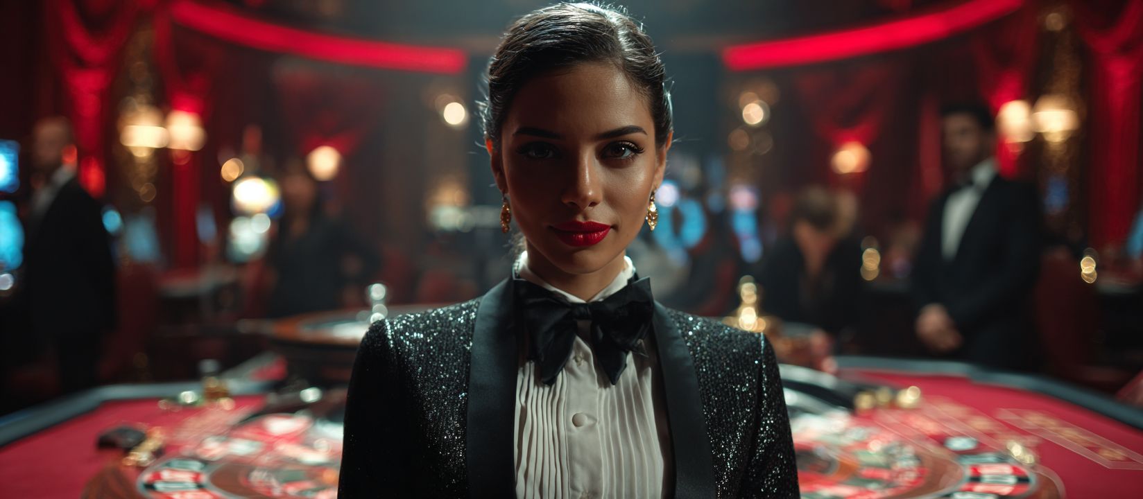 A female dealer in a dinner jacket with shiny lapels and red lipstick stands at a roulette table in a casino, the background blurred, the atmosphere luxurious.