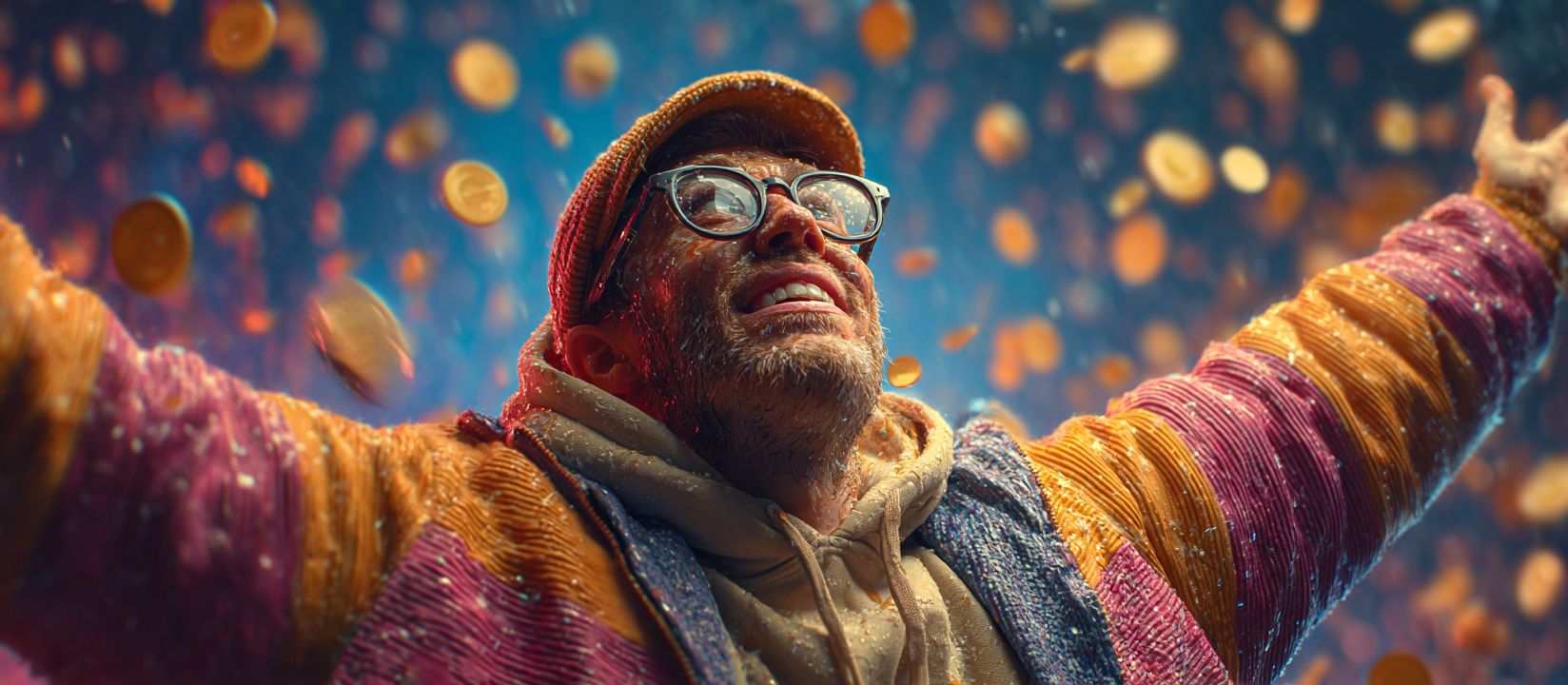 A man in glasses and a coloured jacket spreads his arms out to the sides and looks up, gold coins flying around.
