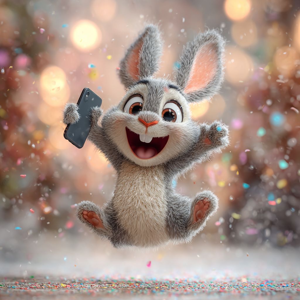 A cheerful grey rabbit hops in the air, holding a smartphone in his paw with the quick and easy-to-use interface of the OKLV app