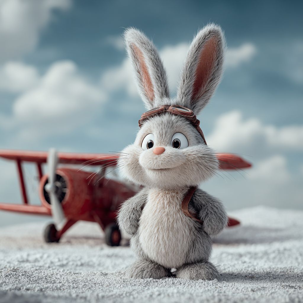 Grey rabbit wearing a leather helmet and aviator goggles, with a red vintage plane behind him symbolises the Aviator game