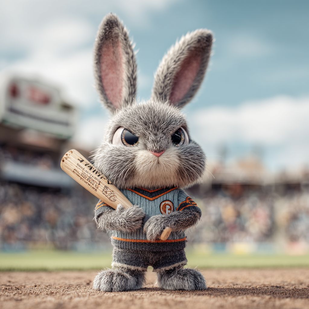A grey rabbit in a sports uniform with a baseball bat symbolises sports betting at OKLV