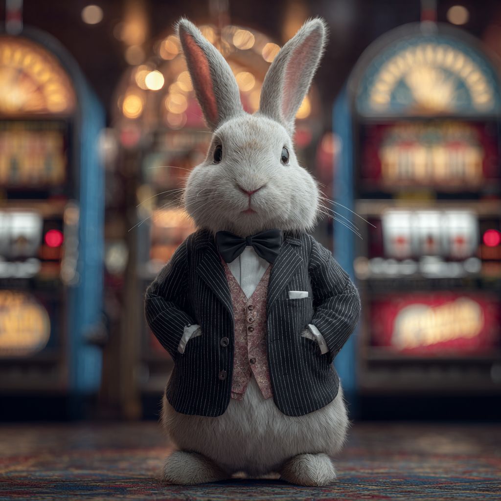White rabbit in black three-piece suit, with bowtie and waistcoat at OKLV Casino