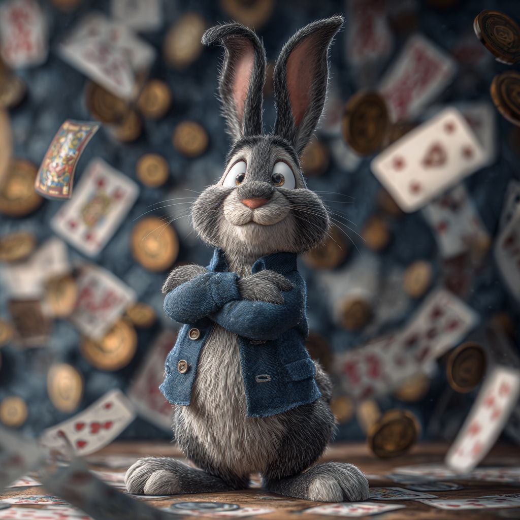 The dark rabbit stands cross-legged, with playing cards and gold coins flying behind him, symbolising the vast selection of casino games at OKLV