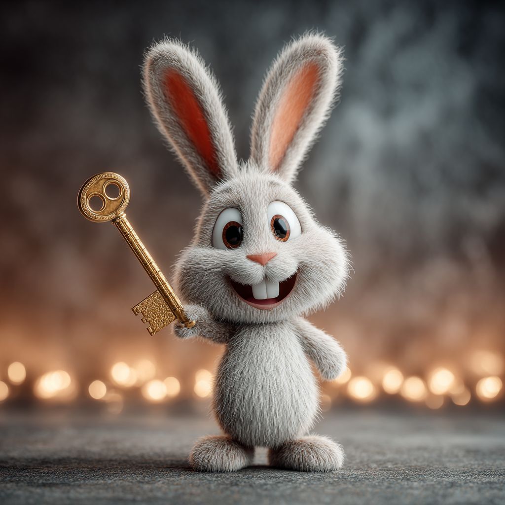 A cute rabbit holds a golden key in its paw and smiles to symbolise fast and safe login to OKLV