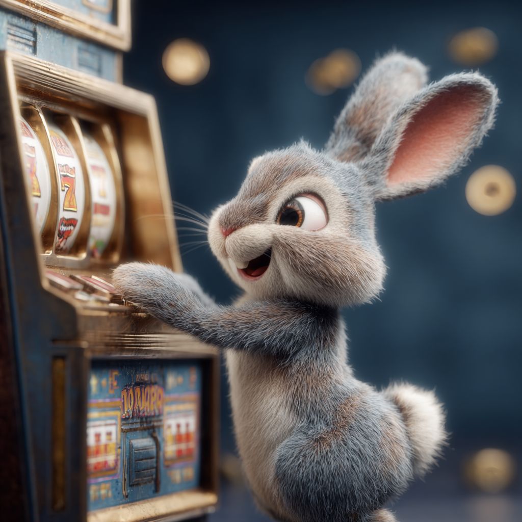 A little rabbit excitedly presses a button on a slot machine