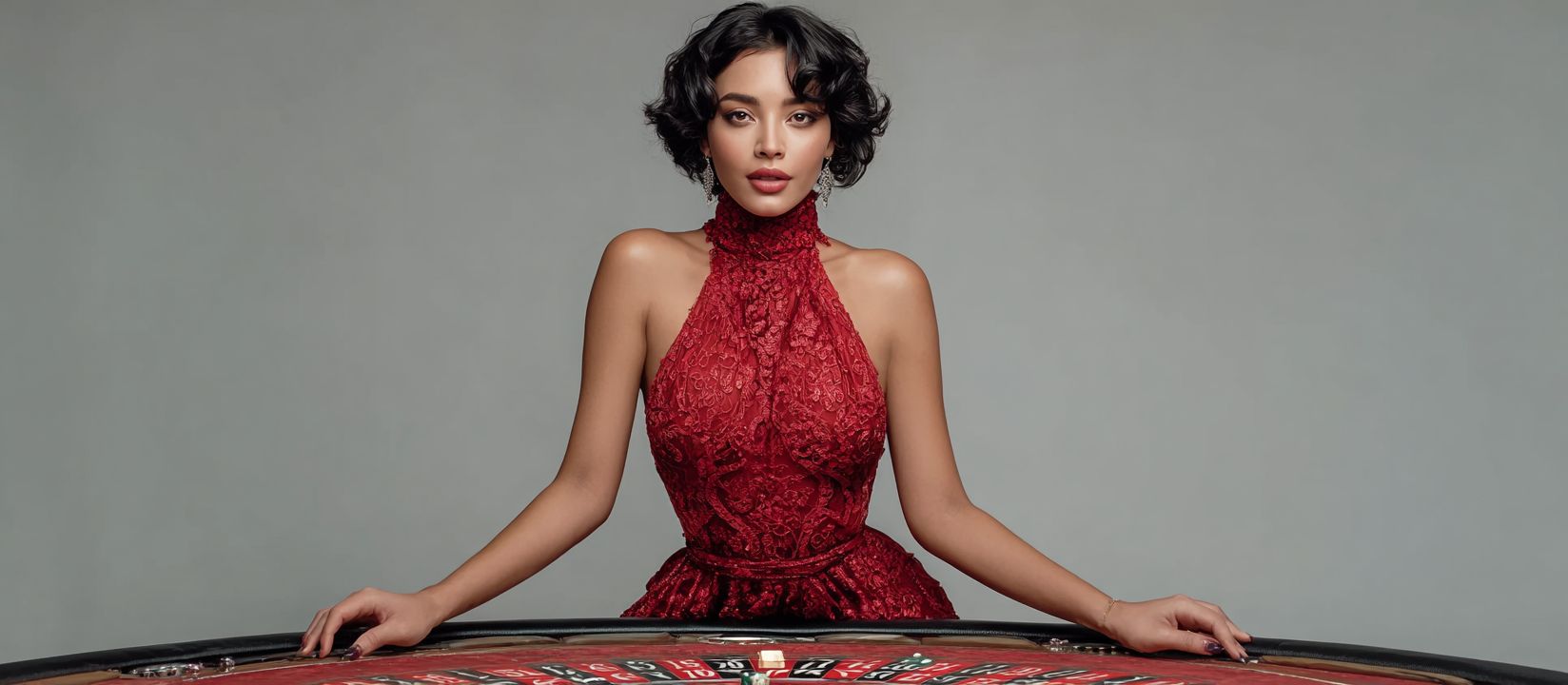 A woman in an elegant red dress stands at the roulette table, inviting you to make a safe and quick login to OKLV.