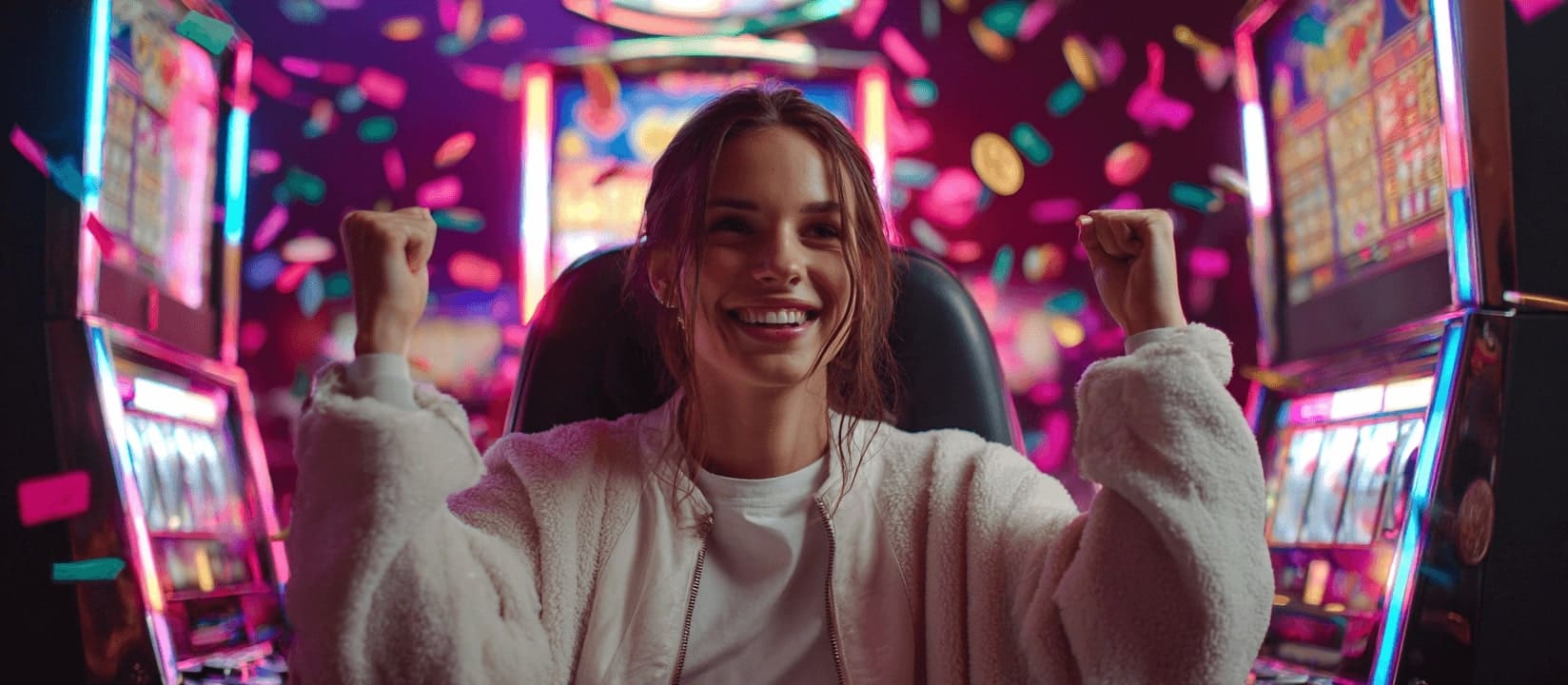 A young woman sitting in front of slot machines, joyfully raising her hands up in a gesture of victory. Around her are multi-coloured confetti and gold coins, creating an atmosphere of fun and winning. The background shines with bright neon lights.